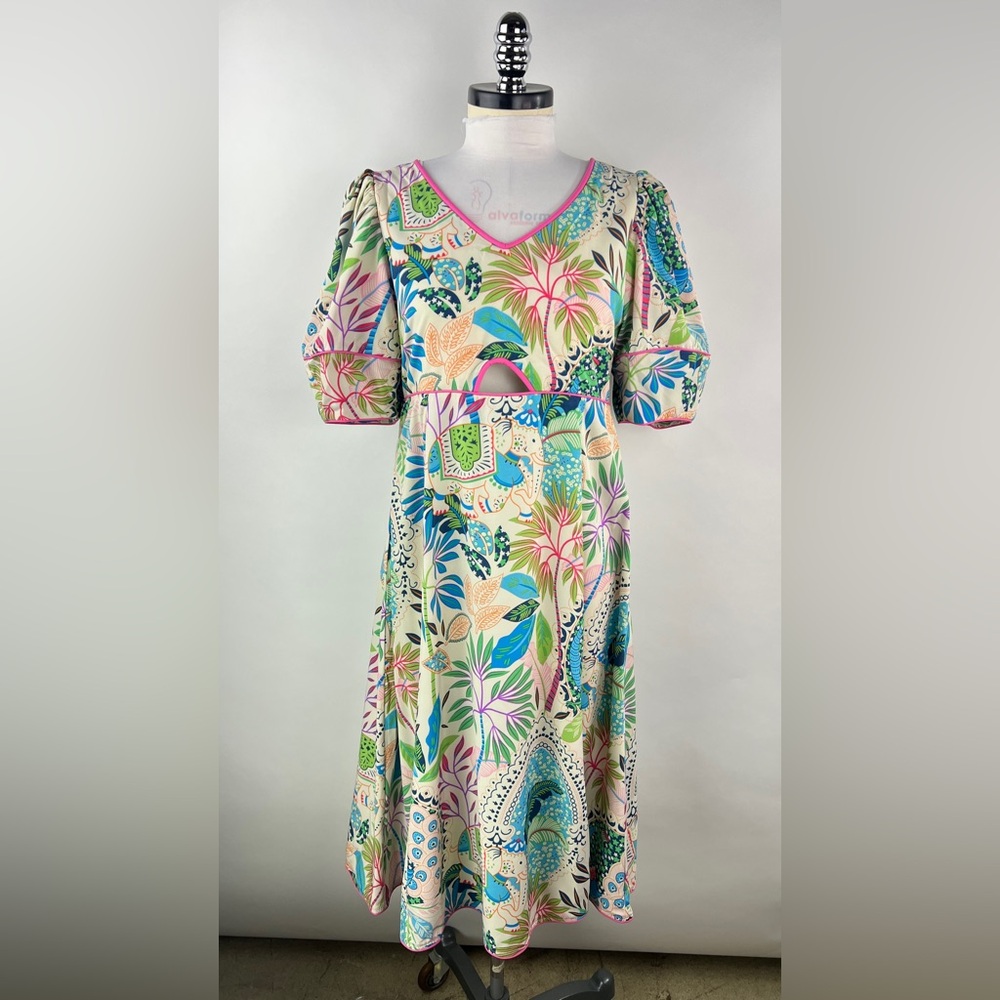 💚 3181. Floral Pink Pipping Midi Dress